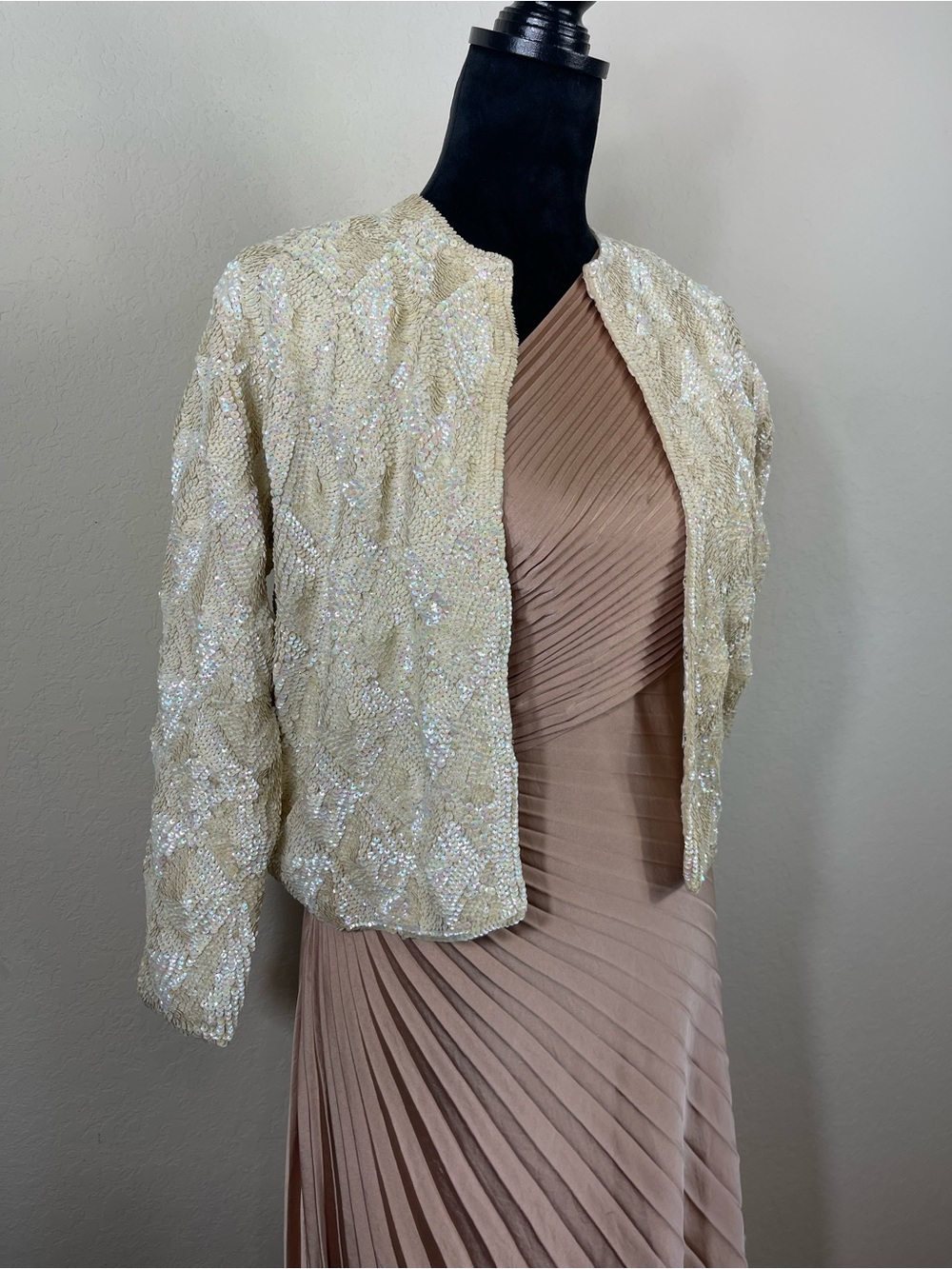 Vintage Ricky Bo Hand Embroidered Diamond Checkered Sequin Jacket Cream Size S/M